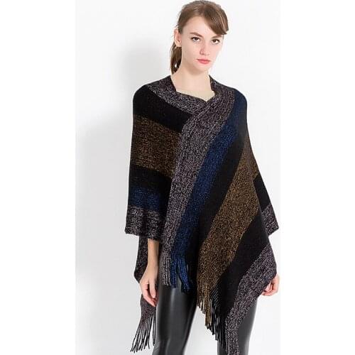 Women Elegant Ponchos Capes Sweater Pullover Autumn Winter Color Matching Knit Tassel Female Shawl Cloak Casual Lady Scarf