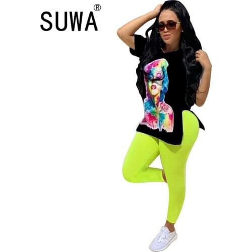 2020 Womens Set Monroe Character Slit Side Tee Tops Leggings Pants Suit Active Wear Tracksuit Two Piece Set Fitness Outfit