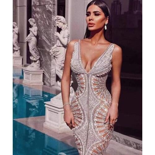 Women Luxury Sexy V Neck Mesh Sequins Studded Maxi Long Lady Dress 2020 Designer Fashion Elegant Evening Party Dress Vestidos
