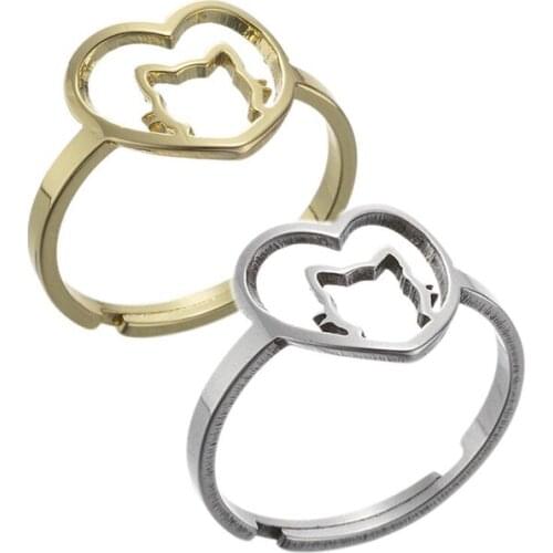 Cartoon Animal Cat Rings for Women Simple Design Hollow out Heart Shaped Stainless Steel Ring Adjustable Accessories Wholesale