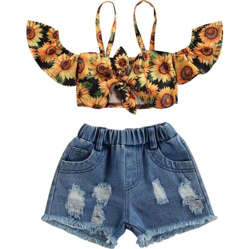 1-7Years Fashion Girls Summer Clothing Sets Toddler Kids Girls Sunflower Bowknot Off Shoulder T-shirts+Ripped Hole Jeans Shorts