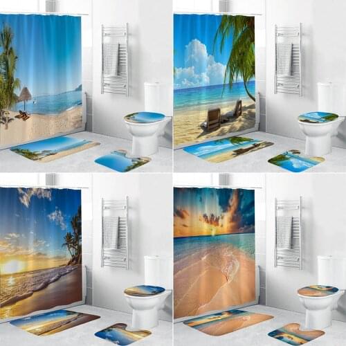 3D Dusk Coast Beach Chair Bathroom Shower Curtains Set Sea Ocean Anti-skid Rugs Toilet Lid Cover Bath Mat Sets Home Decor
