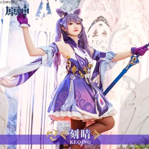 Anime! Genshin Impact Keqing Battle Suit Lovely Lolita Dress Uniform Cosplay Costume Halloween Party Outfit For Women 2020 NEW