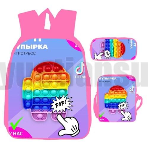 3 Pcs/Set Anime POP It Backpacks Pop Fidget Bag 3D Printed Family Game Pink Rainbow Push Bubble Back To School Mochila Bookbag