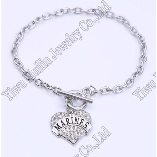 MARINES Pave Heart Toggle Charm Bracelet Crystal Hearts DANCE Art Lobster Claw Bracelets