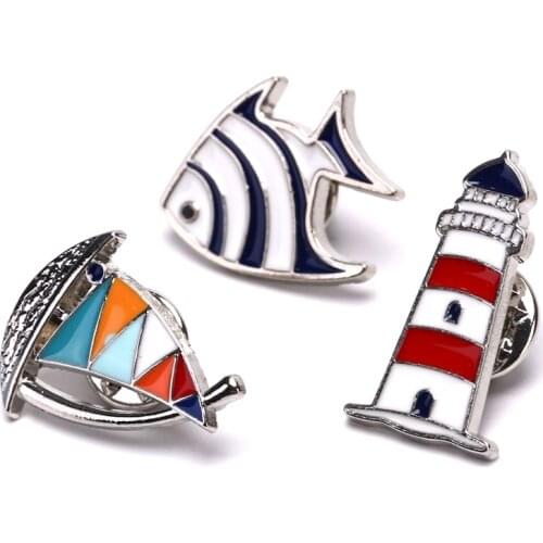 Fashion Sailboat Lighthouse Fish Brooches Man Women Blue Red Sailboat Helm Enamel Lapel Pins And Brooches Jewellery Bijuteria