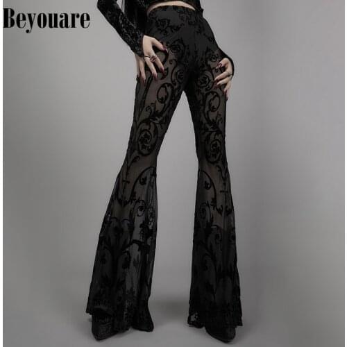 Beyouare Gothic Black Fashion Flared Pants Vintage Lace Transparent Sexy Grunge High Waist Trousers 2021 Summer Streetwear Pants