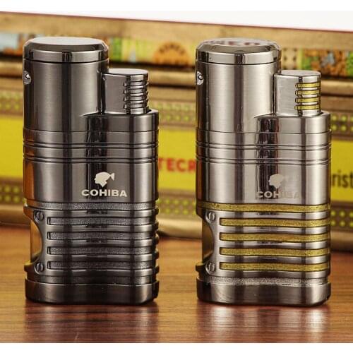 COHIBA Torch Cigar Lighters Portable Metal Windproof 4 Blue Flame Fire Jet Cigarette Lighter Smoking Puro Encededor Gas