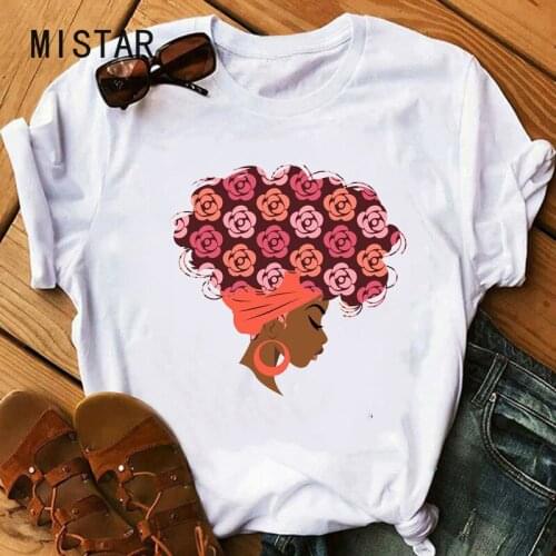 Flower curly puff hair African black girl T-Shirt print summer tee shirt femme melanin pop pin fashion white tops t shirt women
