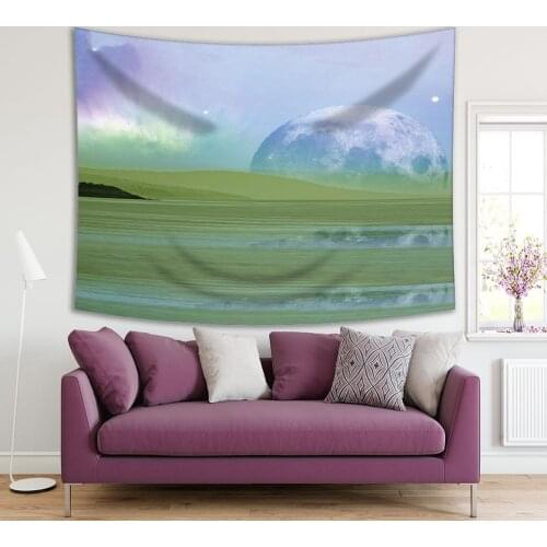 Tapestry Huge Moon Wild Peaceful Meadow Landscape of Alien Planet Futuristic Photo Printed Green Blue