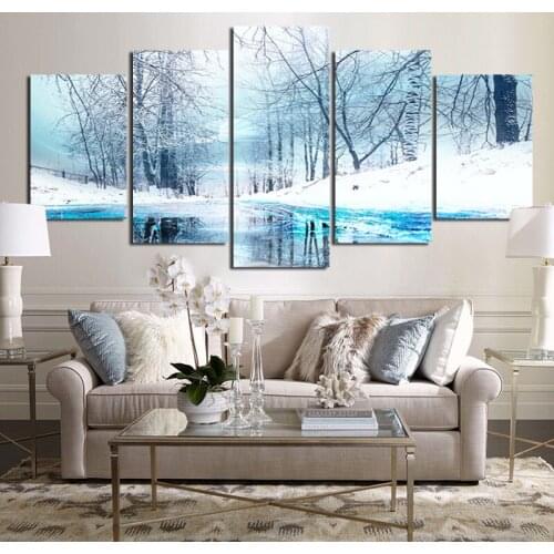 Hd Modern Landscape Canvas Oil Painting Art Poster Winter Lake Oil Painting Painting Home Decor Mural Five Piece Set No Frame