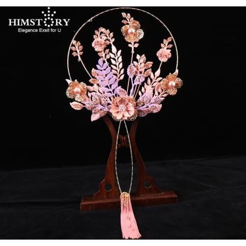 HIMSTORY Elegant Bride Hand Fan Chinese Style PurplrFlowers Beaded Vintage Bridal Fan Pink Tassel Wedding Bouquet Accessories