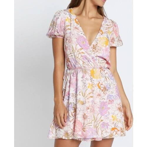 Jastie 2021 Floral Print Womens Dress V-Neck Short Sleeve Bow Drawstring Bow Lace-Up Mini Dresses Bohemian Beach Party Dress