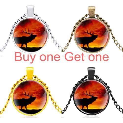 Classic Elk in the Sunset Design Glass Cabochon Men Women Pendant Necklace Jewelry Gifts