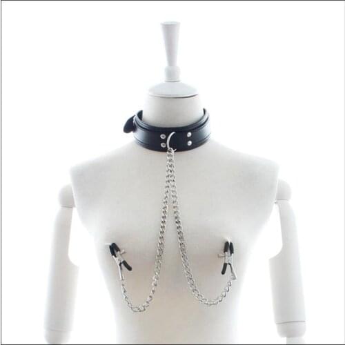 Leather Bondage Collar with Nipple Clips Adjustable Adult Game BDSM Restraints Slave Collars Sex Products for Men Women Couples