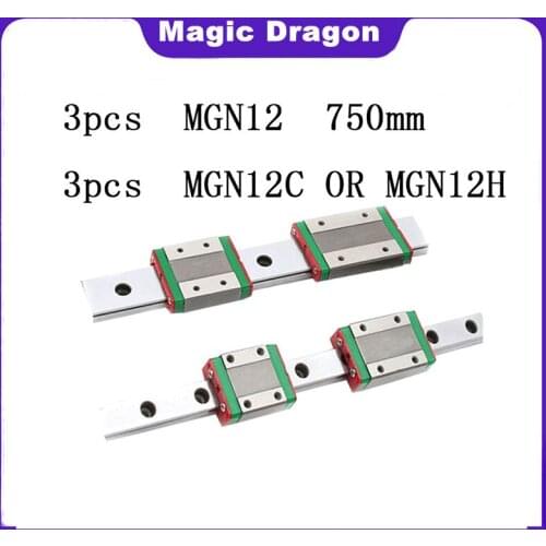 High quality 3pcs 12mm Linear Guide MGN12 L= 750mm linear rail way + MGN12C or MGN12H Long linear carriage for CNC XYZ Axis