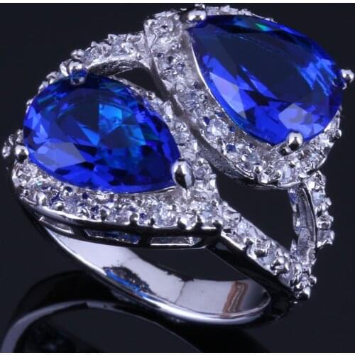 Unusual Pear Blue Cubic Zirconia White CZ Silver Plated Ring V0469