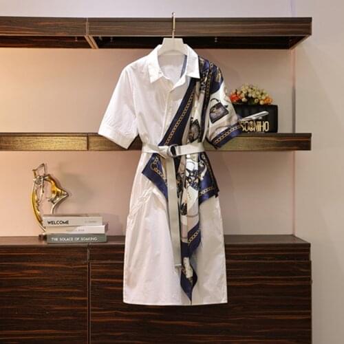 2019 New fashion Korean Summer Elegant Print Dresses Women Plus Size Shirt Fake Two Piece Patchwork Dress Vestidos