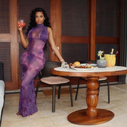 New Tie Dye Mesh Printed Sexy Maxi Dresses for Women Clothes 2021 Party Club Outfits Open Back Bodycon Dress