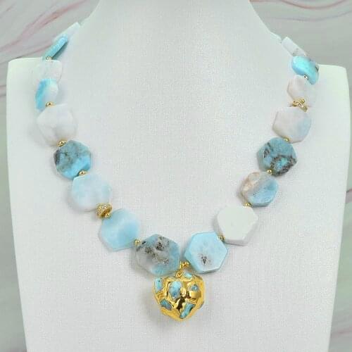 Natural Hexagon Blue Larimar Necklace Heart shaped Larimar Gold Plated Pendant