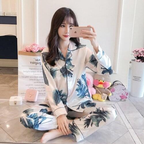 Pajamas Womens Autumn Ice Thin Loose Plus Size Japanese Printed Cardigan Home Set Female Sleepwear Lady Nightwear Sleeping Wear