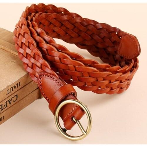 Women Belt Genuine Leather Female Belt Woven Quality Belt Vintage Metal Circle Pin Buckle Strap Luxury strap Belts Cummerbund