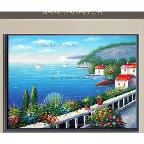 Hand Painted Seascape Modern Oil Painting Mediterranean Pictures For Room Decor Handmade Sea of Building Landscape
