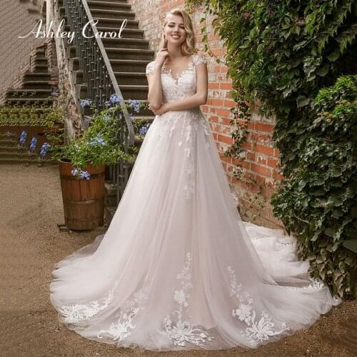 Ashley Carol A-Line Wedding Dress 2021 Romantic Scoop Appliques Lace Up Short Sleeve Button Bridal Dresses Vestido De Noiva