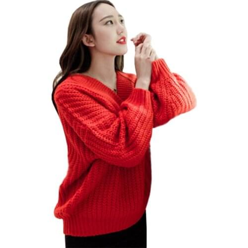 2021 Autumn New Sweater Women Personality Pure Color V-neck Pullover Thick Loose Sweaters womens Clothing Vestidos MMY380