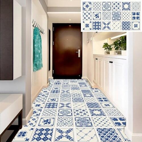 Navy Blue & Creamy-white Floral Pattern Matte Tiles Sticker Kitchen Washbasin Home Decor Floor Peel & Stick Removable Wallpaper