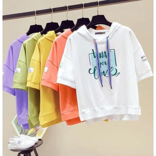 Pure Cotton Print Hoodie Womens Fashion Summer 2021 New Korean Style Loose Casual Thin Short Sleeve Hooded T-Shirt Sweater