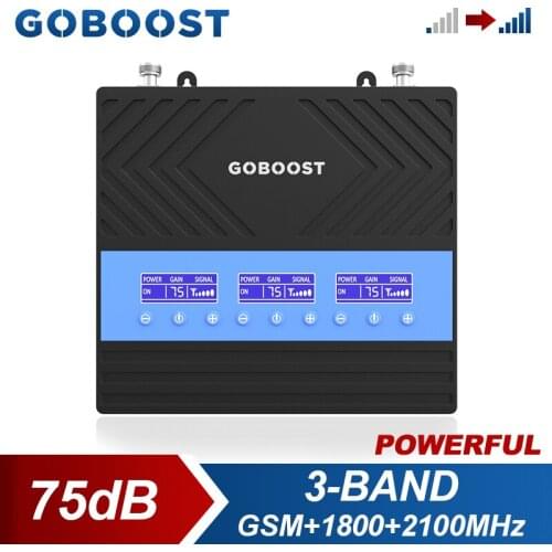 GOBOOST Tri Band Signal Booster 75dB High Gain GSM DCS 1800 UMTS 2100 MHz Cellular Amplifier Band 1 3 8 Cell Phone Repeater