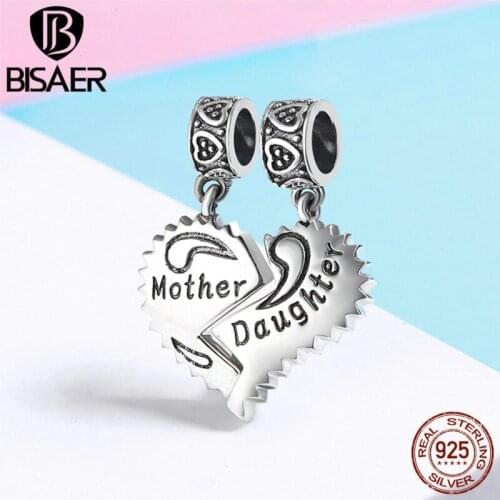 100% 925 Sterling Silver Unique Heart Pendant, Mother & Daughter Charms Fit BISAER Authentic Original Jewelry Gift ECC427