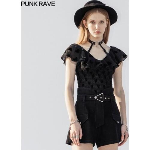 PUNKRAVE Womens Punk Free Series V-neck Detachable Falbala Collar Short Sleeve Shirt Daily Wear Flocking Chiffon Blouses