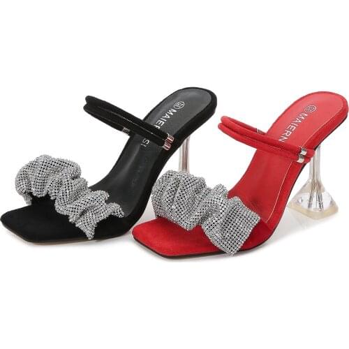 Sandalias De Las Mujeres Verano 2021 New Fashion Square Toe High Heels Sandals Women Sexy Rhinestone Party Shoes Size 35-46