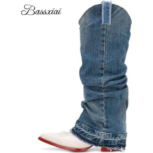 Chic Denim Blue Knee-High Boots Women Sexy Pointed Toe Thick Block Heel Sewing Real Leather Winter Runway Botas Mujer