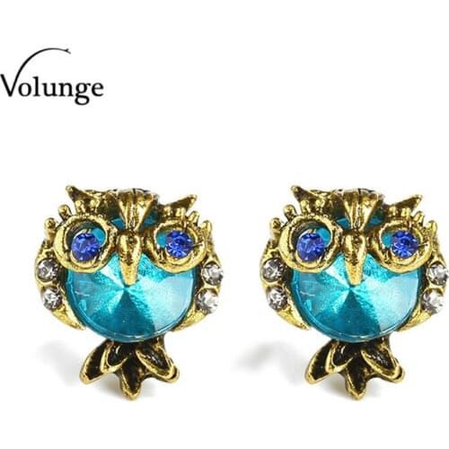 Womens Fashion Personality Bule Color Rhinestone Owl Stud Earrings Retro Gold Color Alloy Earrings 2017 Volunge New Jewelry