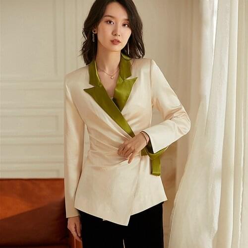 High Quality Patchwork Blazer Women 100% Acetate Fabric Simple Design Long Sleeve Sashes Suit New Fashion