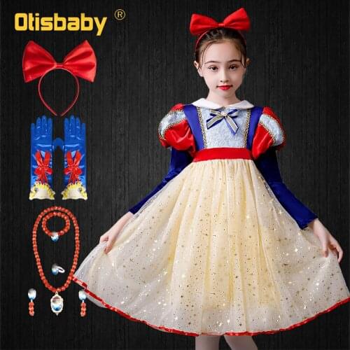 Winter Girls Puff Long Sleeve Snow White Princess Dress Halloween Costume for Childrens Christmas Shining Tulle Party Ball Gown