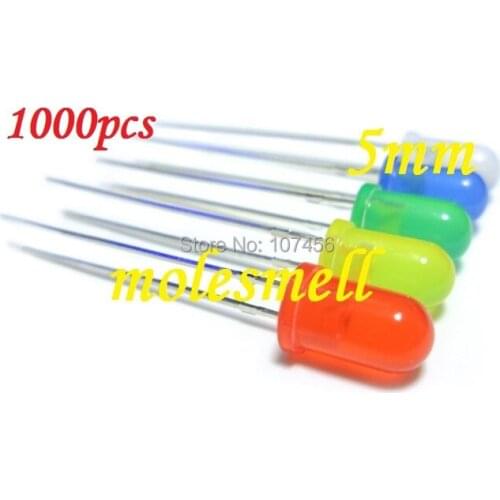 1000PCS 5 value 5mm diffused red,yellow,blue,green,white R,G,B,W,Y,LED mixed colors led 200pcs each color