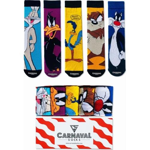 5 Pcs Cartoon Characters Patterned Colorful Socks Set Bugs Bunny Daffy Duck Sylvester Tasmanian Beep Beep Boxes %100 Cotton