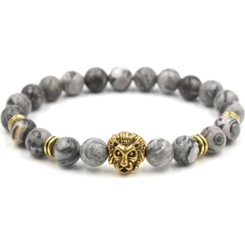 8mm cgfr23r elastic adjusted Macrame Charm nature picture agate Onyx Lion head Charm Bracelet Fashion
