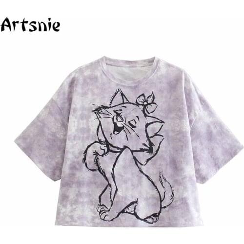 Artsnie Disney Cartoon Print T Shirt Women Summer 2021 O Neck Short Sleeve Oversized Tops Streetwear Purple Knitted T-shirts