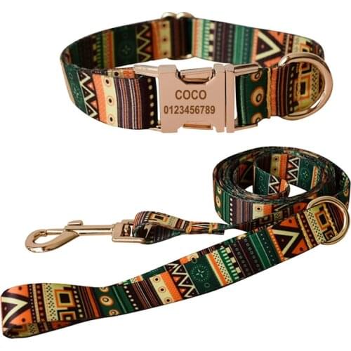 Bohemia National Wind Printing Webbing Dog Collar Leash Set Personalized Engraved Pet Name Pet Supplies Dog Accessories