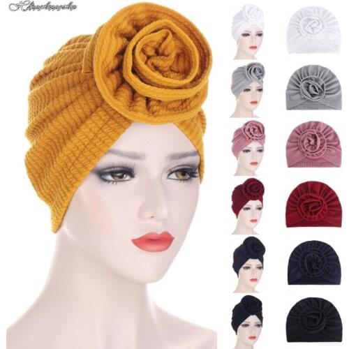 Big Flower Turban India Style Cap Women Pure Color Beanies Hat Hair Care Chemo Caps Muslim Islam Female Hijab HeadWrap Bandanas