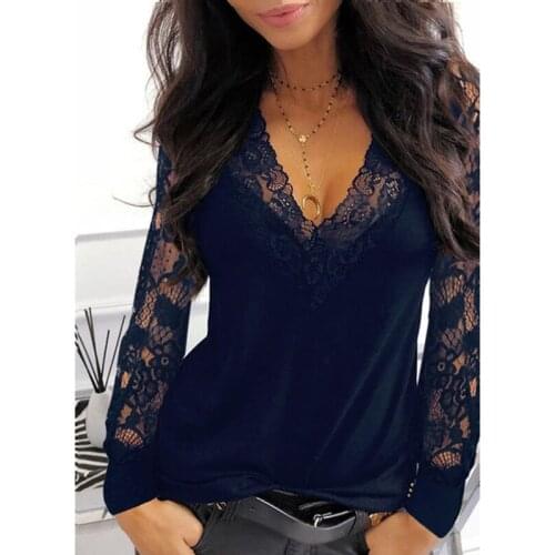 Casual V-neck Lace Long Sleeve T-shirt for Women Spring Summer Clothes Sexy Solid Color Black Sexy Tee Shirt Office Lady Top