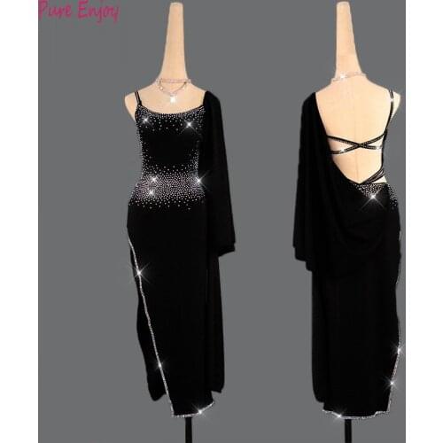 Customized Latin dance competition performance costumes black stretch shiny diamond sexy professional Latin dance dress