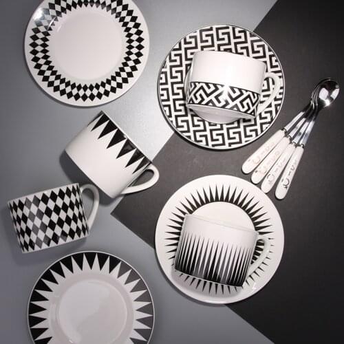Nordic Coffee Cup and Saucer Set Geometric Bone China Water Mug Office European with Spoon Afternoon Tea Cup Kitchen Drinkware