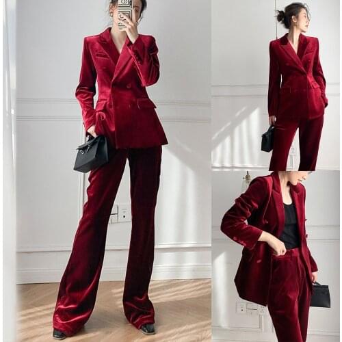 Red Velvet Blazer Peaked Lapel V Neck High Quality Double Breasted Suits Loose Office Lady Daily Casul Party Wear Jacket