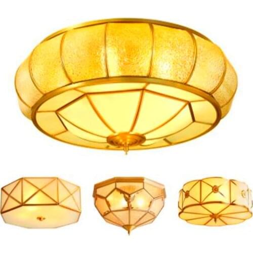 American European copper LED ceiling light fixture corridor passage dinning living room bedroom golden brass glass ceiling lamp